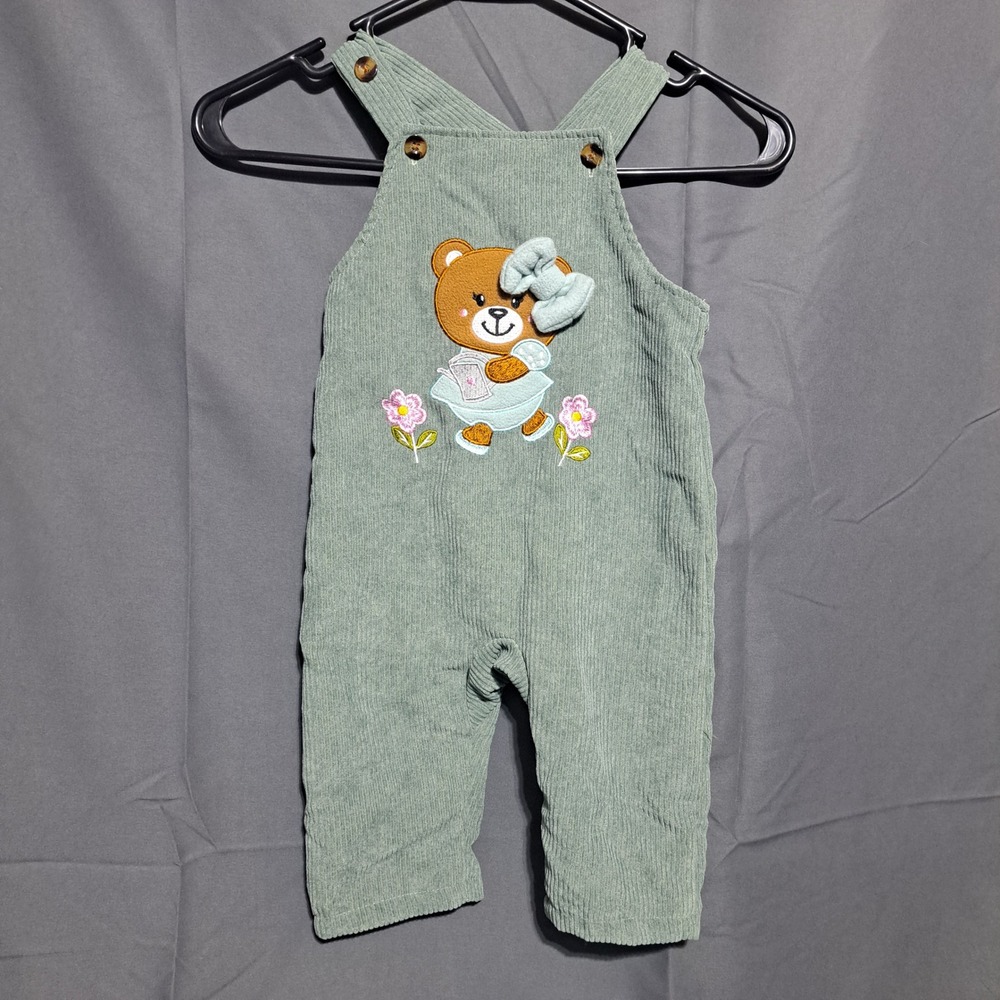 Baby Sage‎ Green Corduroy Teddy Bear Overalls 9-12M Embroidered Bibs